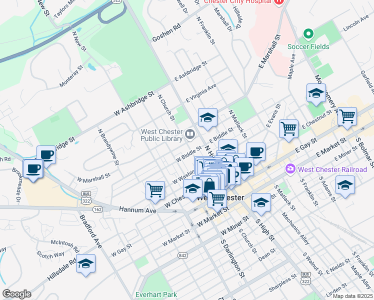 map of restaurants, bars, coffee shops, grocery stores, and more near 406 North Church Street in West Chester