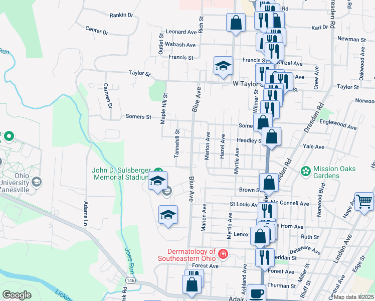 map of restaurants, bars, coffee shops, grocery stores, and more near 2005 Blue Avenue in Zanesville