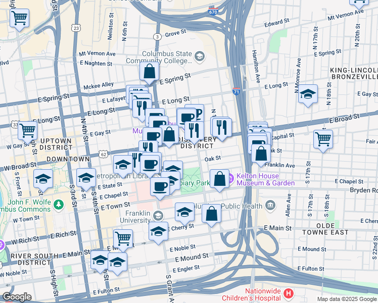 map of restaurants, bars, coffee shops, grocery stores, and more near 471 East Capital Street in Columbus
