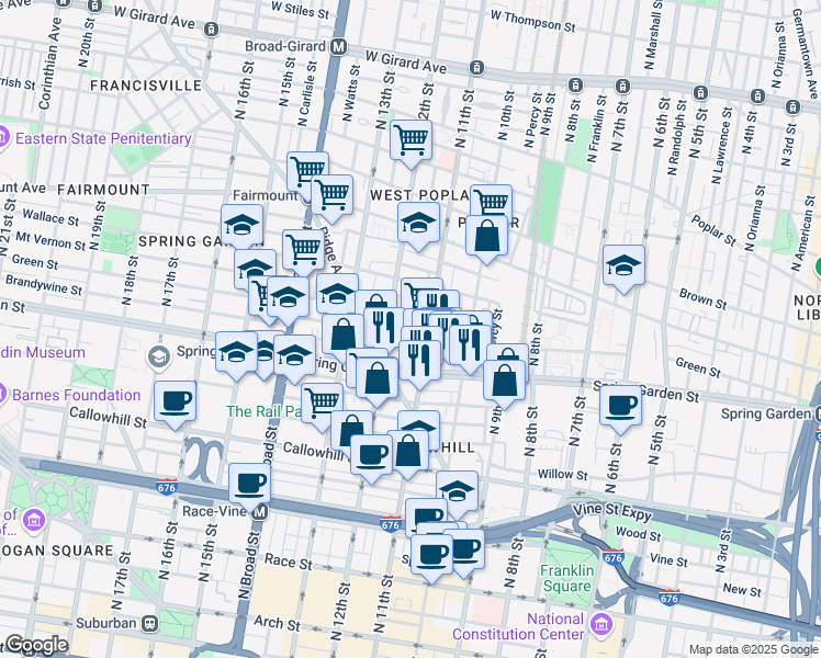map of restaurants, bars, coffee shops, grocery stores, and more near 602 North 11th Street in Philadelphia