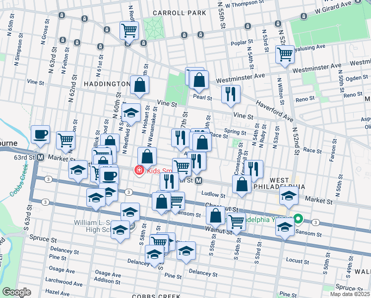 map of restaurants, bars, coffee shops, grocery stores, and more near 5654 Appletree Street in Philadelphia