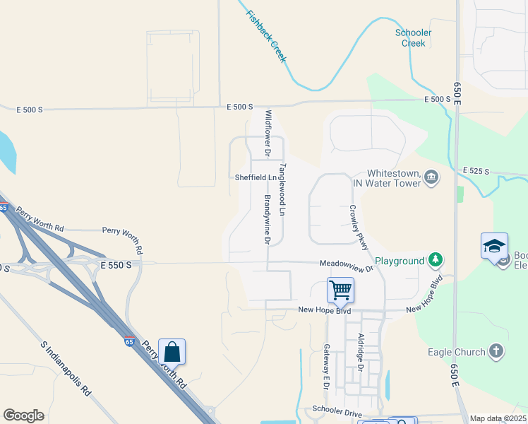 map of restaurants, bars, coffee shops, grocery stores, and more near 5344 Brandywine Drive in Whitestown
