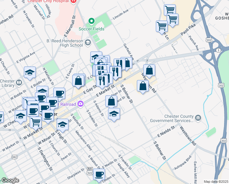 map of restaurants, bars, coffee shops, grocery stores, and more near 25 South Worthington Street in West Chester