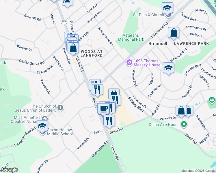 map of restaurants, bars, coffee shops, grocery stores, and more near 520 Donna Circle in Broomall