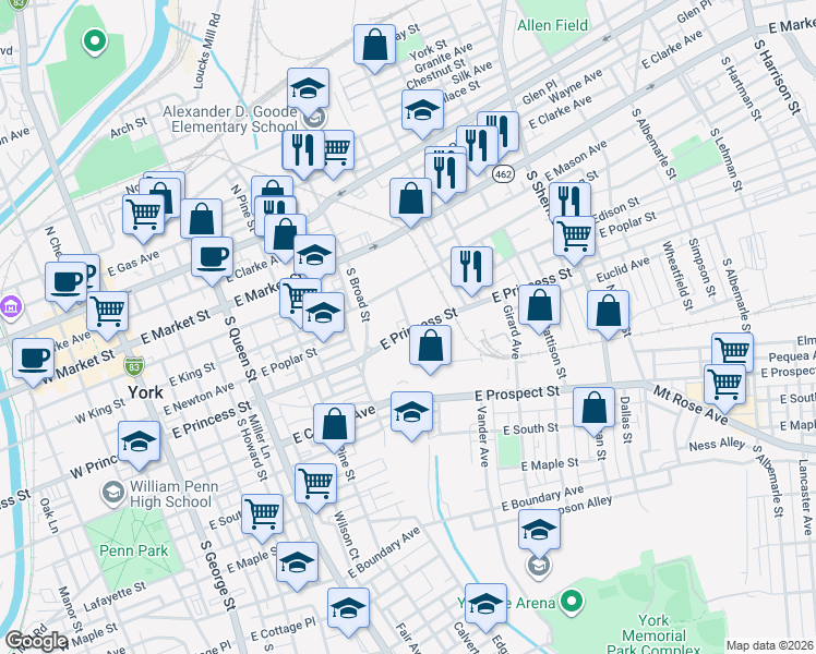 map of restaurants, bars, coffee shops, grocery stores, and more near 491 East Princess Street in York