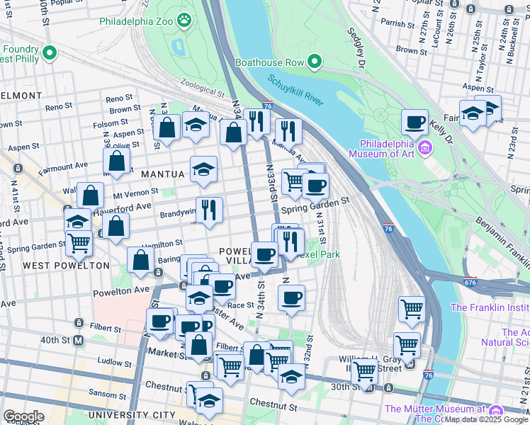 map of restaurants, bars, coffee shops, grocery stores, and more near 3321 Spring Garden Street in Philadelphia