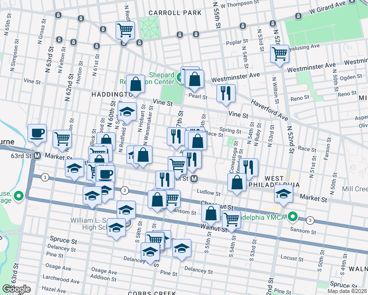 map of restaurants, bars, coffee shops, grocery stores, and more near 5654 Appletree Street in Philadelphia