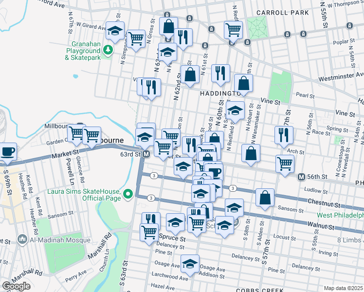 map of restaurants, bars, coffee shops, grocery stores, and more near 29 North Dewey Street in Philadelphia