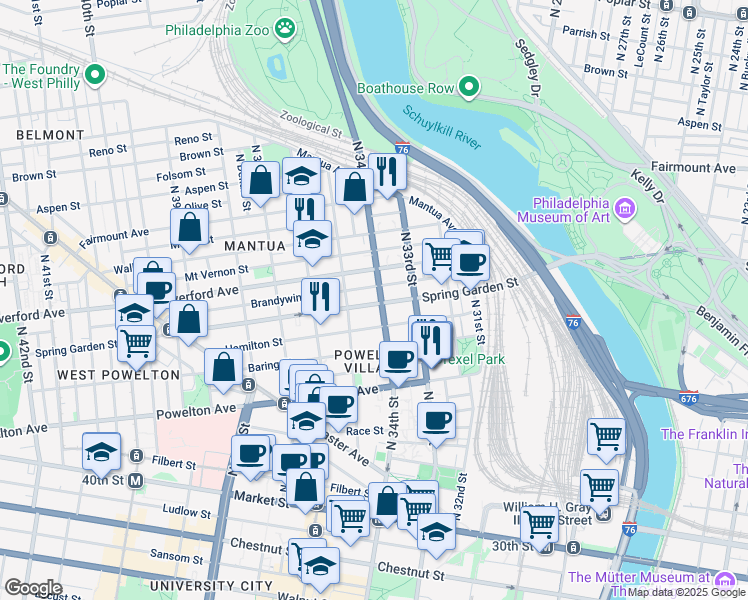 map of restaurants, bars, coffee shops, grocery stores, and more near 3421 Spring Garden Street in Philadelphia
