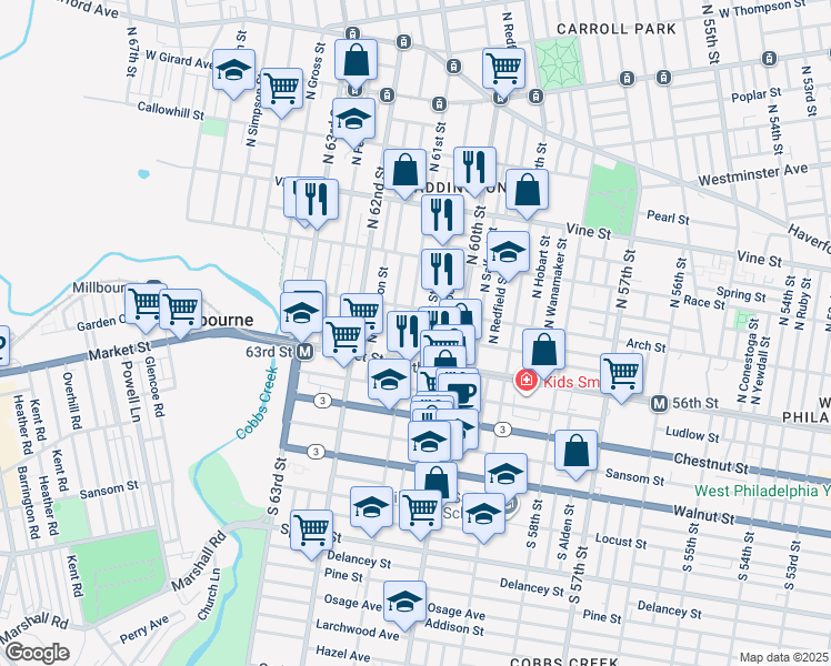 map of restaurants, bars, coffee shops, grocery stores, and more near 35 North 61st Street in Philadelphia