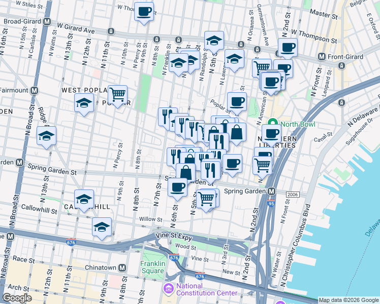 map of restaurants, bars, coffee shops, grocery stores, and more near 638 North 5th Street in Philadelphia