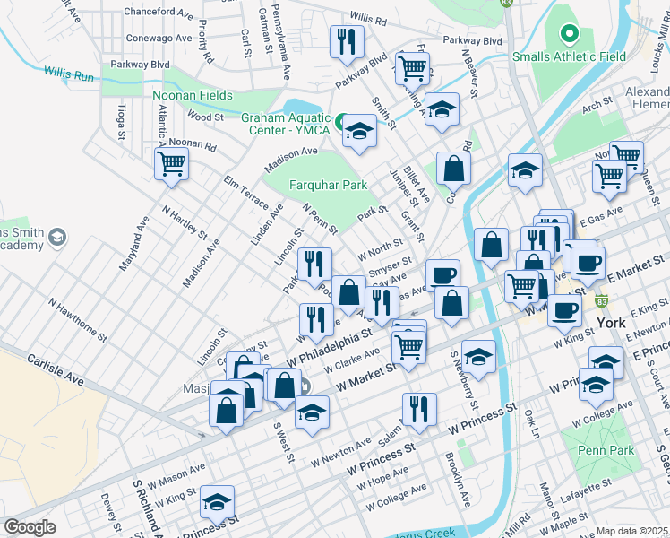 map of restaurants, bars, coffee shops, grocery stores, and more near 219 Park Place in York