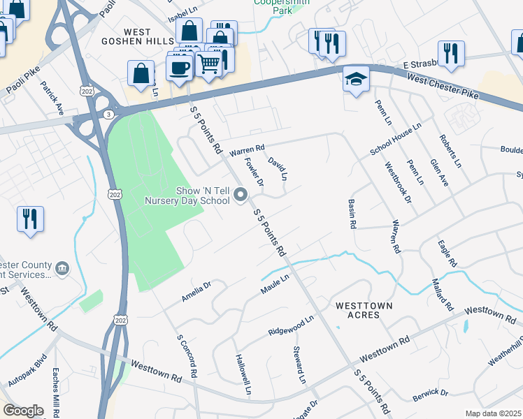 map of restaurants, bars, coffee shops, grocery stores, and more near 305 South 5 Points Road in West Chester