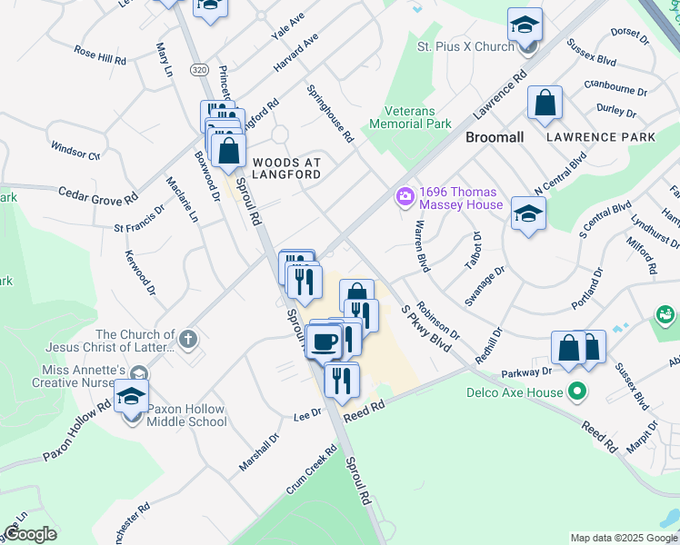 map of restaurants, bars, coffee shops, grocery stores, and more near 520 Donna Circle in Broomall