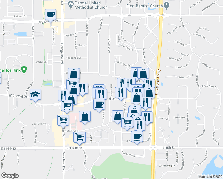 map of restaurants, bars, coffee shops, grocery stores, and more near 10 Hunters Drive in Carmel