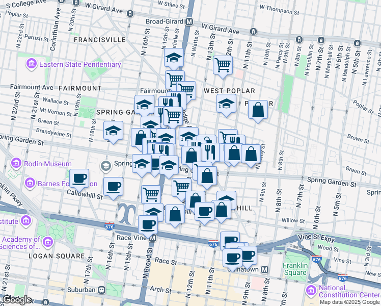 map of restaurants, bars, coffee shops, grocery stores, and more near 542 North 13th Street in Philadelphia