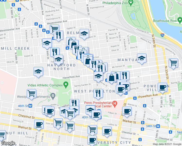 map of restaurants, bars, coffee shops, grocery stores, and more near 4013 Haverford Avenue in Philadelphia
