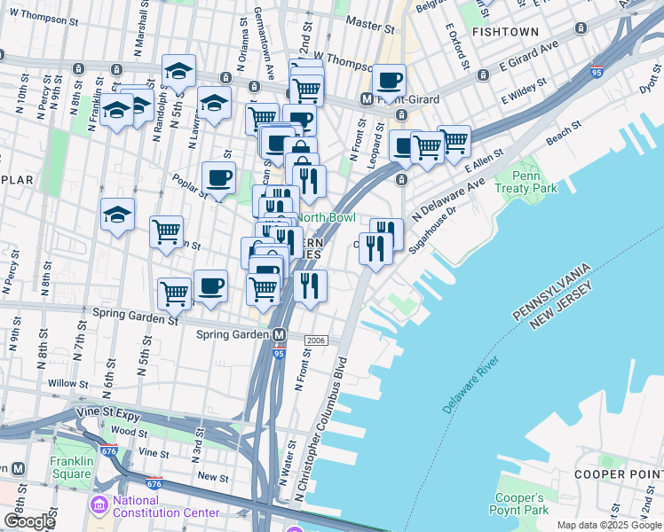 map of restaurants, bars, coffee shops, grocery stores, and more near 901 North Front Street in Philadelphia