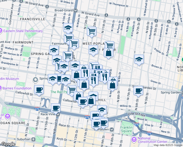 map of restaurants, bars, coffee shops, grocery stores, and more near 1109 Green Street in Philadelphia