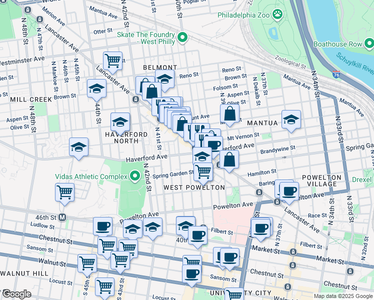 map of restaurants, bars, coffee shops, grocery stores, and more near 4013 Haverford Avenue in Philadelphia