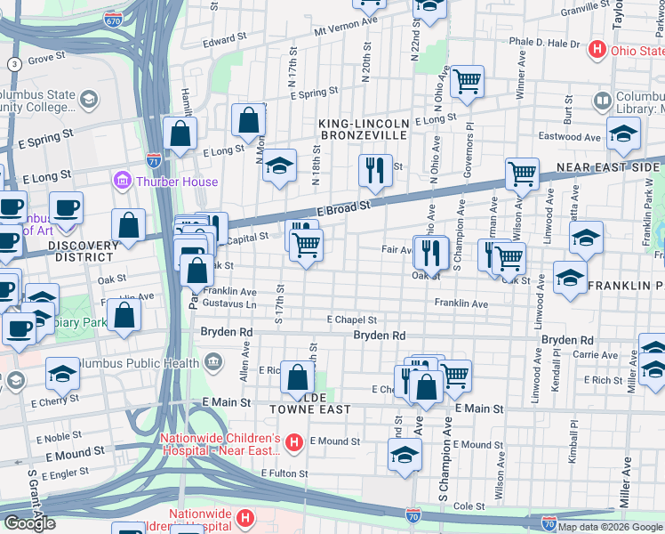 map of restaurants, bars, coffee shops, grocery stores, and more near 940 Oak Street in Columbus