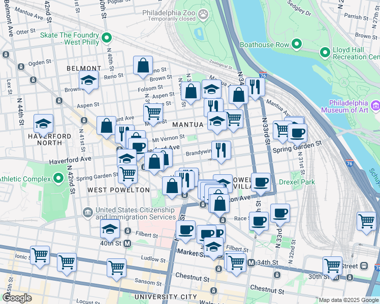 map of restaurants, bars, coffee shops, grocery stores, and more near 3721 Brandywine Street in Philadelphia