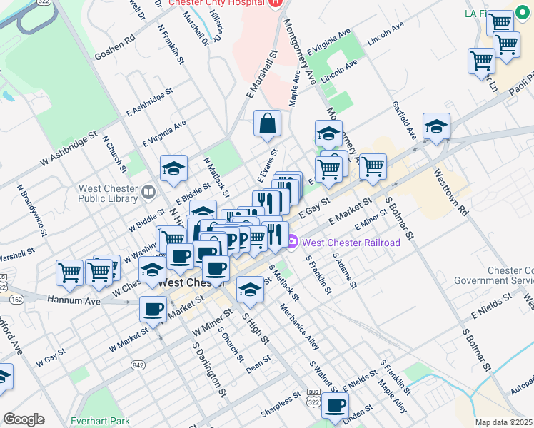 map of restaurants, bars, coffee shops, grocery stores, and more near 240 East Chestnut Street in West Chester