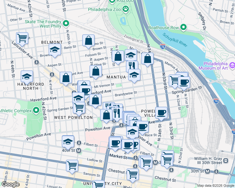 map of restaurants, bars, coffee shops, grocery stores, and more near in Philadelphia