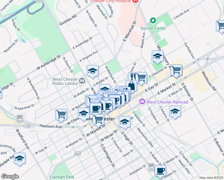 map of restaurants, bars, coffee shops, grocery stores, and more near 215 North Walnut Street in West Chester