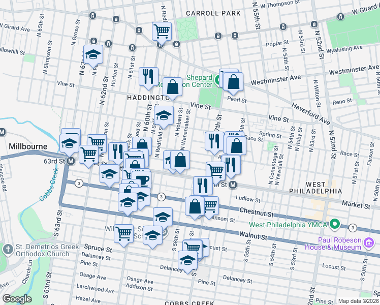 map of restaurants, bars, coffee shops, grocery stores, and more near Arch St & N 58th St in Philadelphia
