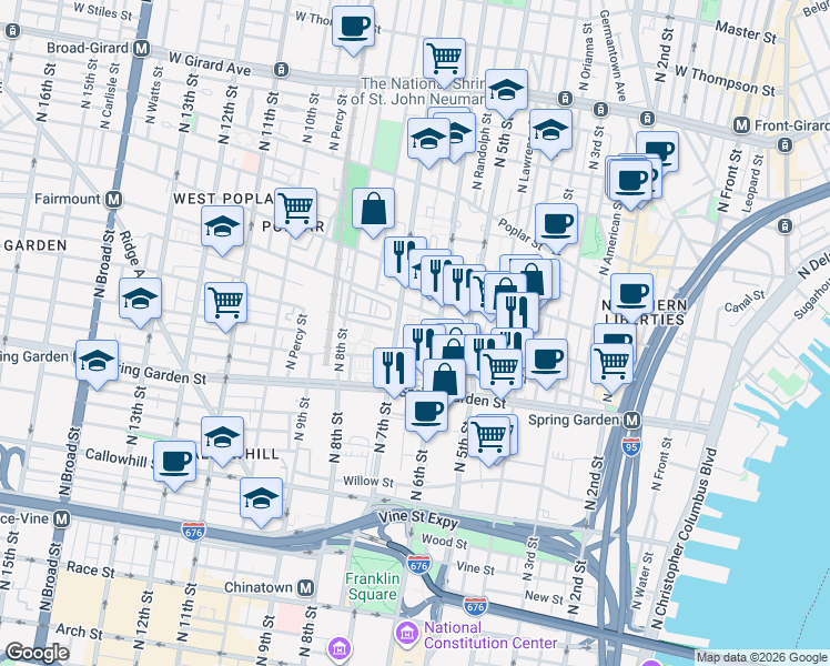 map of restaurants, bars, coffee shops, grocery stores, and more near 650 Fairmount Avenue in Philadelphia