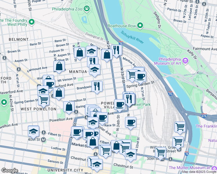 map of restaurants, bars, coffee shops, grocery stores, and more near 3419 Spring Garden Street in Philadelphia