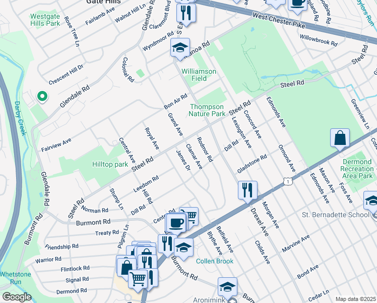 map of restaurants, bars, coffee shops, grocery stores, and more near 236 Clamar Avenue in Havertown