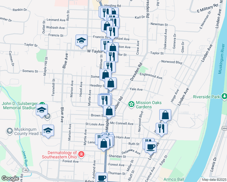 map of restaurants, bars, coffee shops, grocery stores, and more near 556 Glendale Avenue in Zanesville