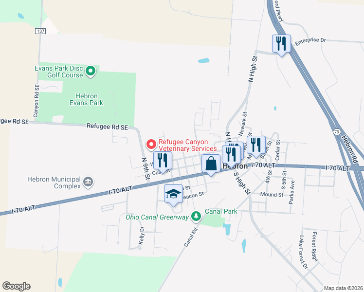 map of restaurants, bars, coffee shops, grocery stores, and more near 114 North 7th Street in Hebron