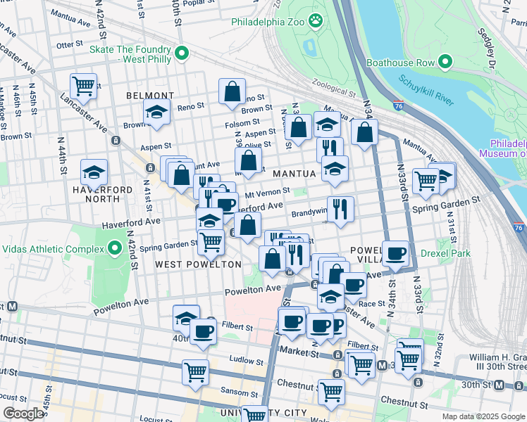 map of restaurants, bars, coffee shops, grocery stores, and more near 3838 Haverford Avenue in Philadelphia