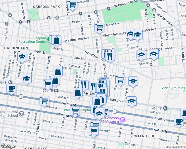 map of restaurants, bars, coffee shops, grocery stores, and more near 150 North 53rd Street in Philadelphia
