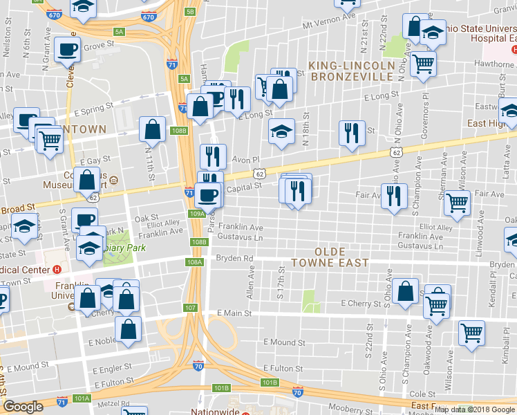map of restaurants, bars, coffee shops, grocery stores, and more near Oak St & S Monroe Ave in Columbus