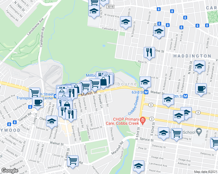 map of restaurants, bars, coffee shops, grocery stores, and more near 6 North Millbourne Avenue in Millbourne