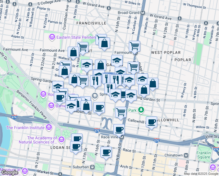 map of restaurants, bars, coffee shops, grocery stores, and more near 1601 Spring Garden Street in Philadelphia