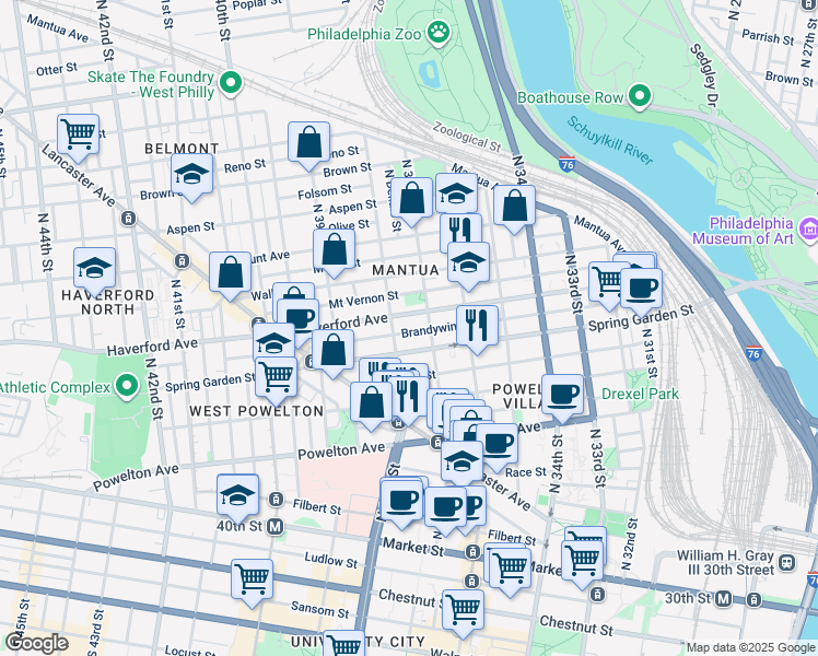 map of restaurants, bars, coffee shops, grocery stores, and more near 3721 Brandywine Street in Philadelphia