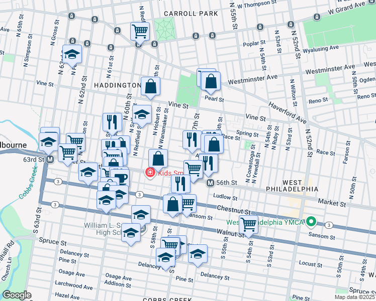 map of restaurants, bars, coffee shops, grocery stores, and more near 108 North 57th Street in Philadelphia