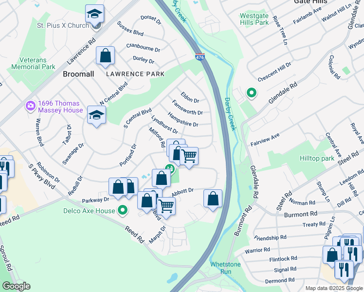 map of restaurants, bars, coffee shops, grocery stores, and more near 604 Warren Boulevard in Broomall