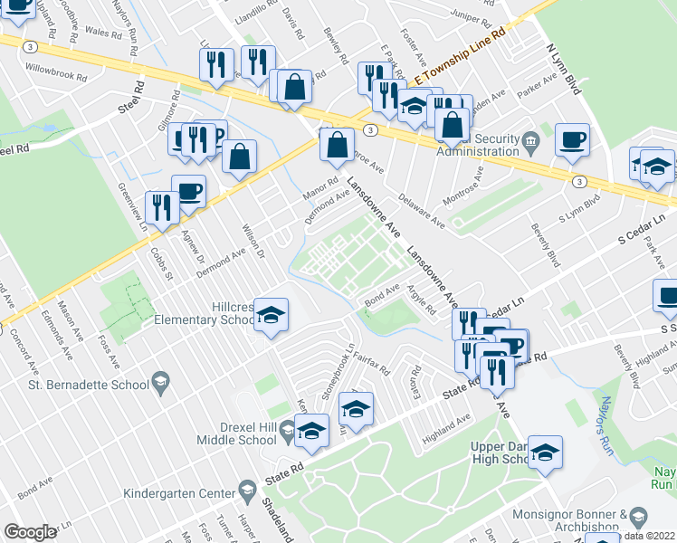 map of restaurants, bars, coffee shops, grocery stores, and more near 8400 Lansdowne Avenue in Upper Darby