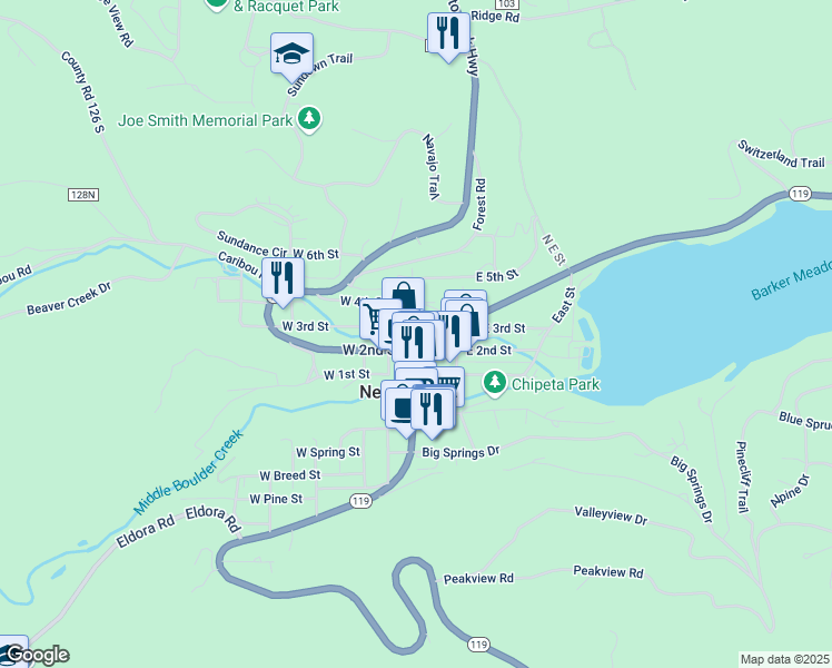 map of restaurants, bars, coffee shops, grocery stores, and more near 217 Colorado 119 in Nederland