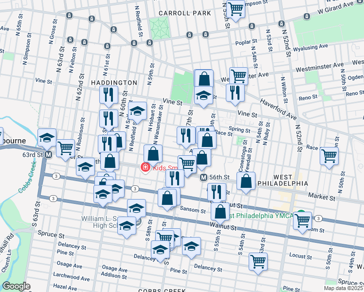 map of restaurants, bars, coffee shops, grocery stores, and more near 108 North 57th Street in Philadelphia