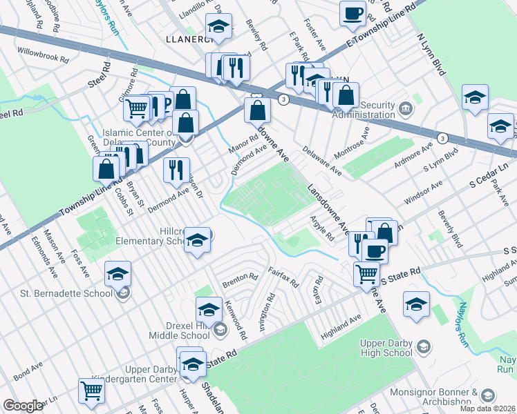 map of restaurants, bars, coffee shops, grocery stores, and more near 8400 Lansdowne Avenue in Delaware County