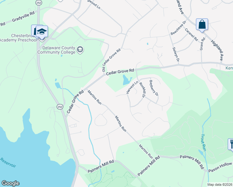 map of restaurants, bars, coffee shops, grocery stores, and more near 7 Honeysuckle Lane in Broomall