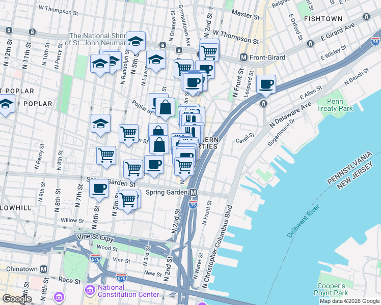 map of restaurants, bars, coffee shops, grocery stores, and more near 805 North 2nd Street in Philadelphia