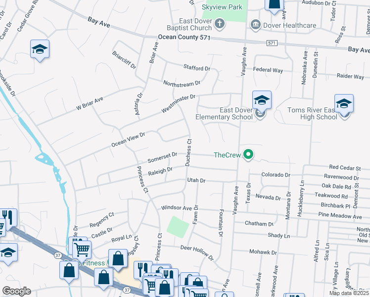 map of restaurants, bars, coffee shops, grocery stores, and more near 600 Duchess Court in Toms River